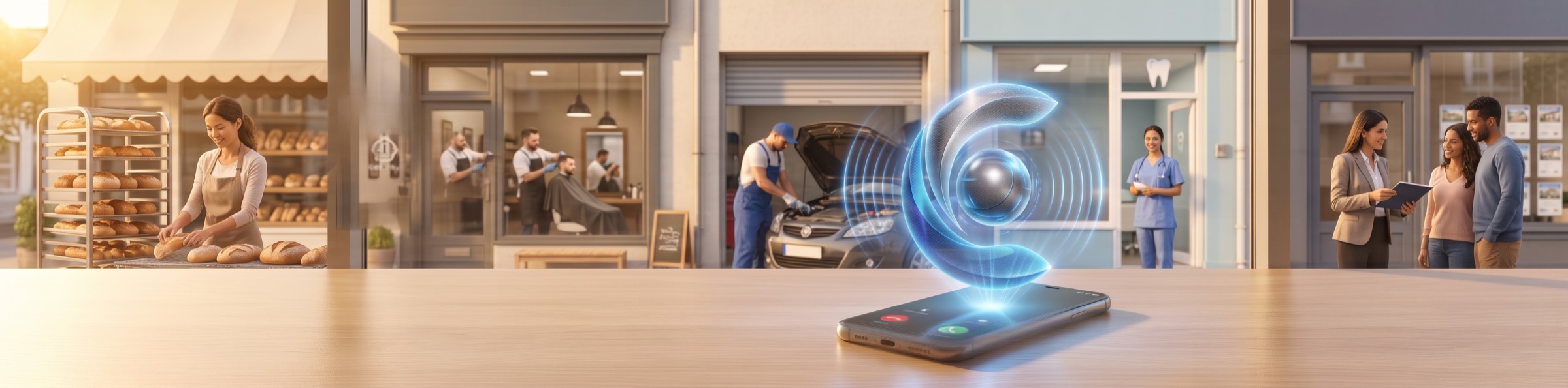 A phone with an incoming call on a counter and the Conecta Stack receptionist answering, with a bakery, a barbershop, a mechanic, a clinic and a real-estate office in the background